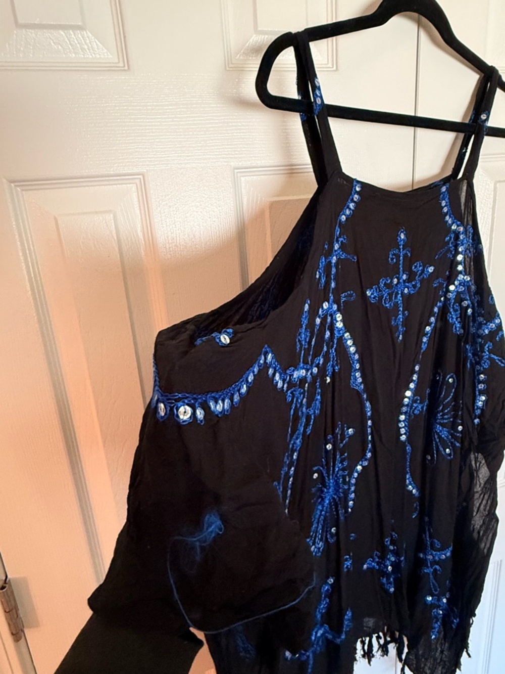 Swimsuit coverup- Black Cold-Shoulder Embroidered Fringe Dress with Blue Sequins - Picture 2 of 3